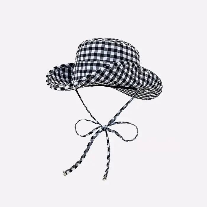 Chapeau Bob Printemps-Été à Pois et Grille pour Fille, Style Pêcheur à Grande Bordure avec Lacets, P