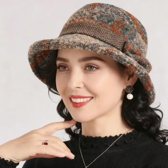 Chapeau haut-de-forme à nœud pour femmes, chapeau de pêcheur décontracté en laine chaude et épaisse,