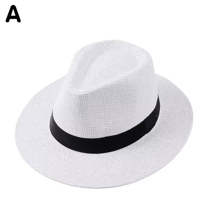 Chapeau Fedora en paille Panama pour homme, chapeau de soleil d'été en herbe synthétique à bord plat