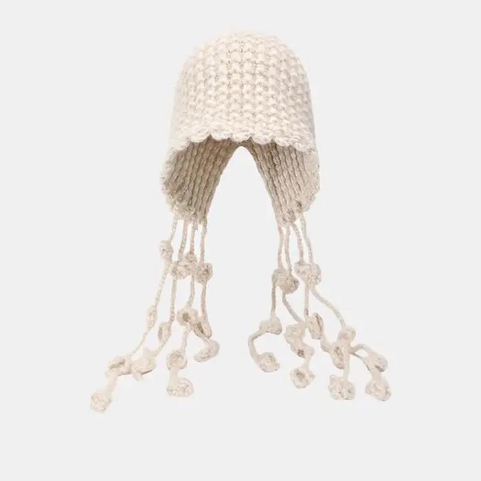 Chapeau tricoté au Crochet avec pompons, ajouré, fait à la main, Style bohème, tissage coréen pour f