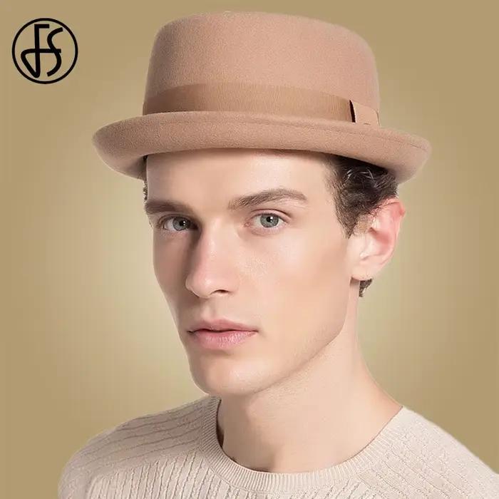 Chapeau de tarte de porc vintage pour hommes, feutre de laine à large bord, noir Fedora Church Jazz 