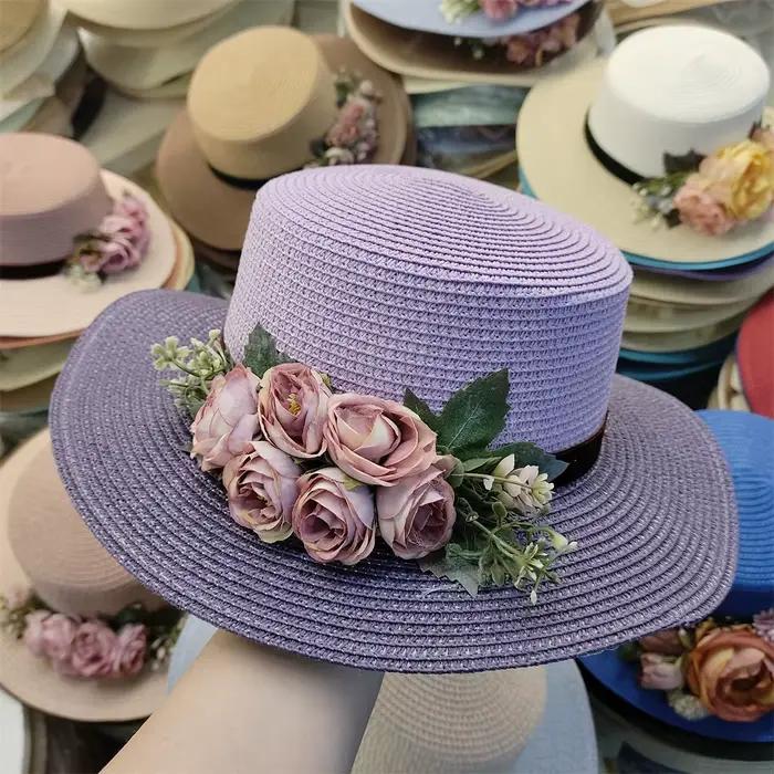 Chapeau de plage pour femmes, décoration florale de Rose, chapeau de paille d'été, grand bord, coule