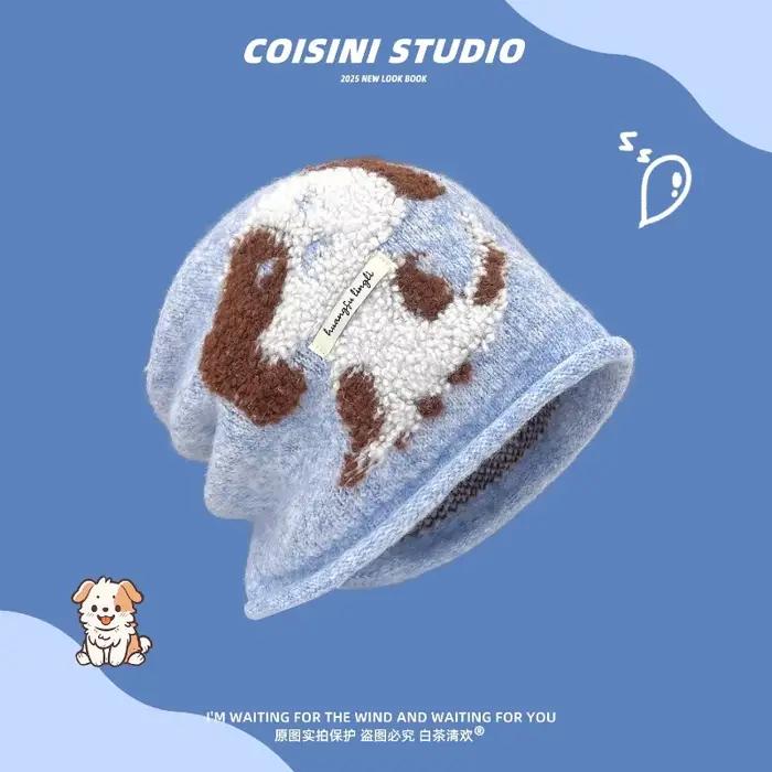 Mignon dessin animé chiot Jacquard tricoté Pile chapeaux femmes hiver voyage chaud Protection des or