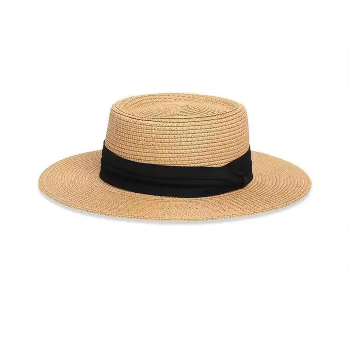 Chapeau de paille à bord plat style français tendance, chapeau de soleil de plage, chapeau de paille