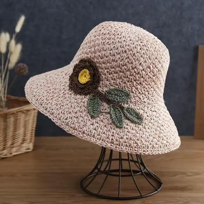Chapeau de paille d'été pour femmes, tissé à la main, motifs de fleurs, chapeau de soleil élégant po