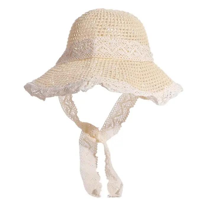 Chapeau de paille pour femme style pastoral avec dentelle, grand bord, protection UV, idéal pour la 