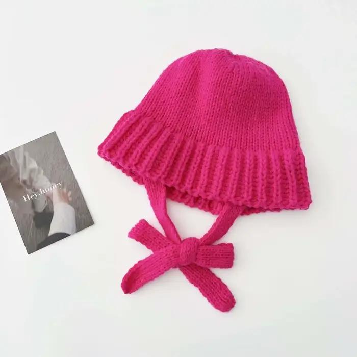 Chapeau tricoté rétro avec sangle à nœud papillon, casquette chaude, bonnet de bassin coréen au Croc