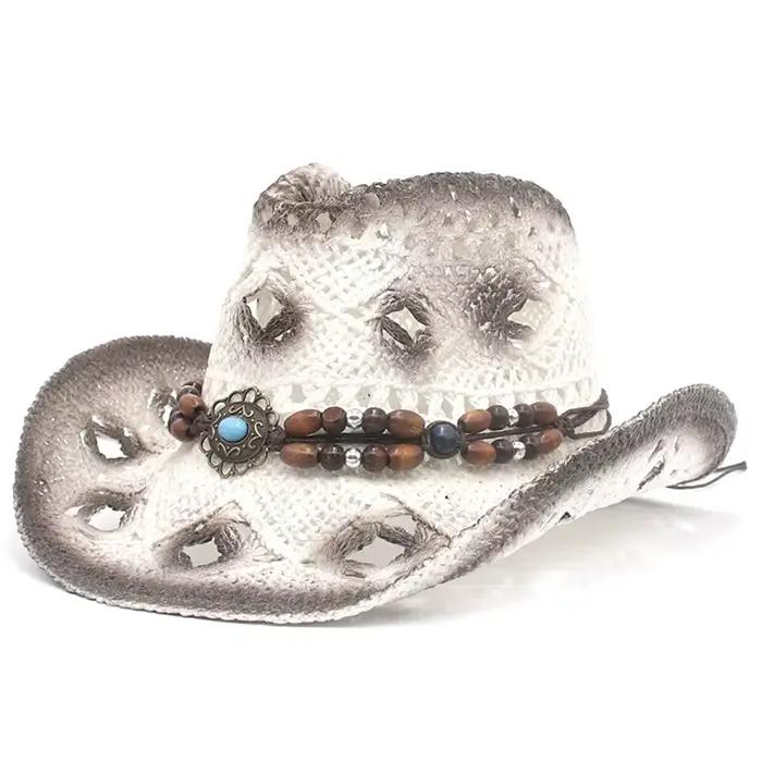 Chapeau de Cowboy Créatif en Paille Bouclée pour Femme, Design Creux, Perles de Style Ethnique, JODe
