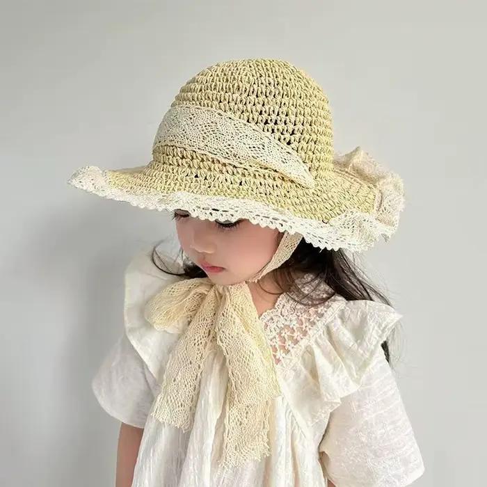 Chapeaux de paille en dentelle pour enfants, chapeau de soleil pour filles printemps-automne, casque