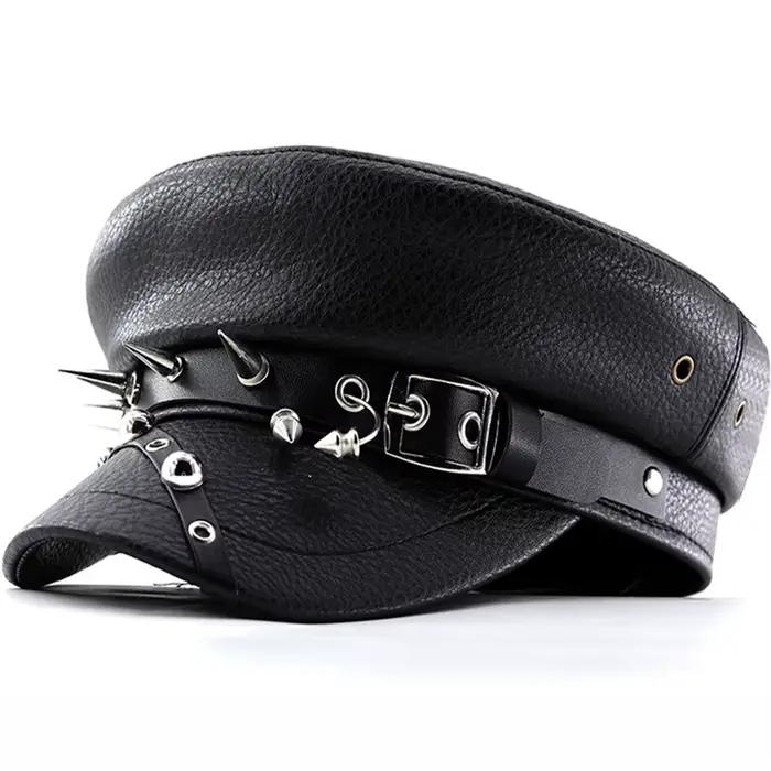 Béret tendance pour femmes, casquette militaire en cuir Pu noir à dessus plat, accessoires pour femm