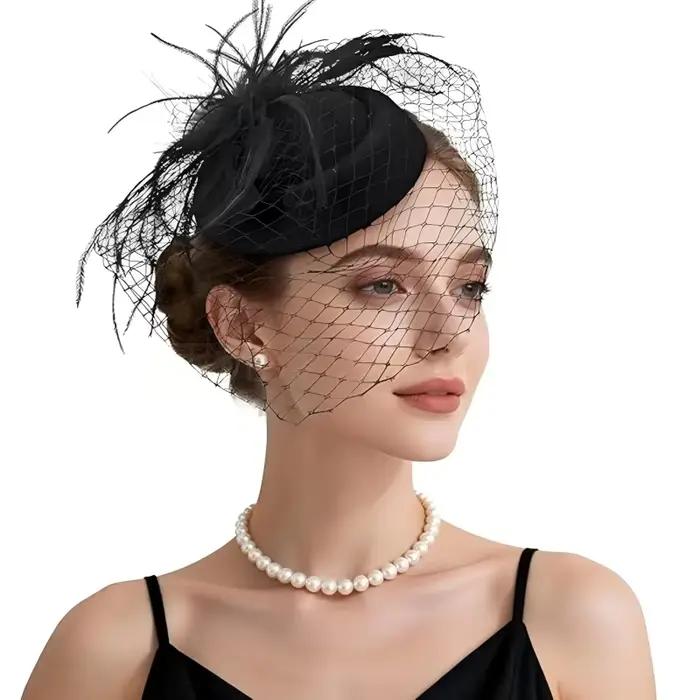 Chapeau Fascinator à Plumes pour Femme avec Voile, Coiffe Florale Vintage à Plumes pour Mariage, Cou