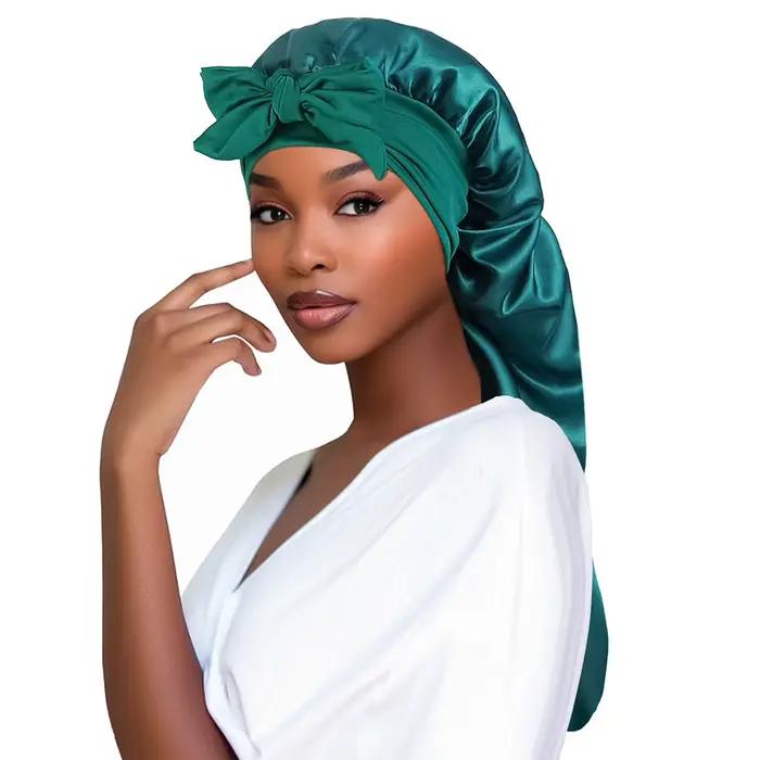 Bonnet de couchage en Satin pour femmes, longue queue tressée, Bonnet de nuit, couvre-tête, Bonnet d