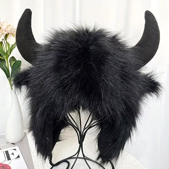 Chapeau de pêcheur en forme de crâne de vache pour femmes, avec cornes en fausse fourrure, bonnet de