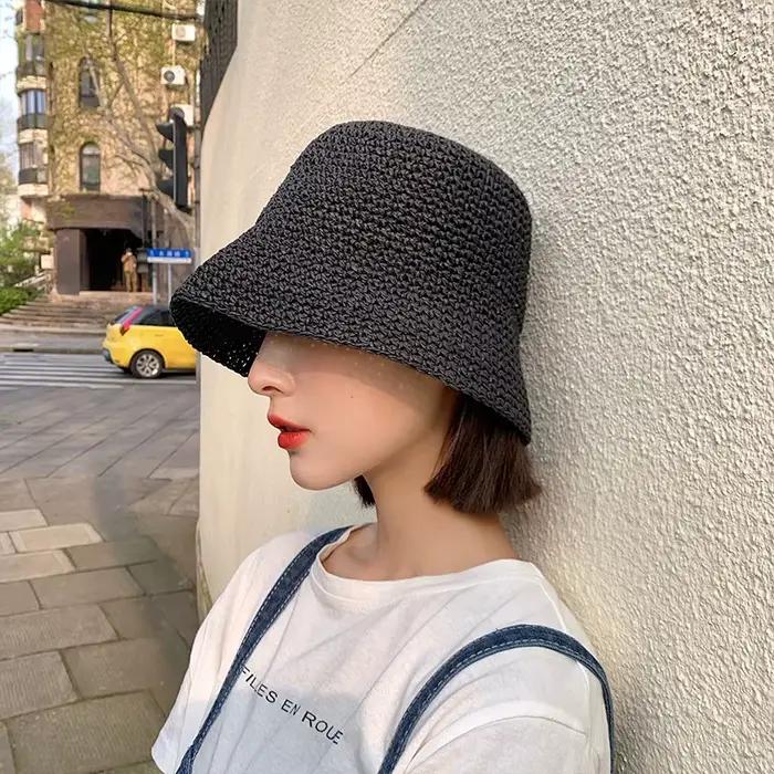Plage coréenne Chapeau de paille été femmes visière seau Chapeau pêcheur Chapeau tissage à la main P