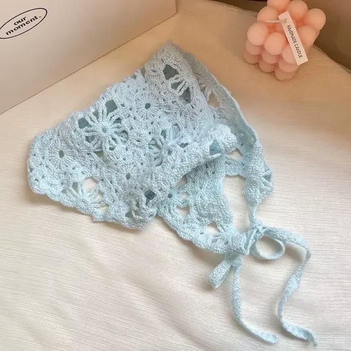 1 pièce Foulard de tête en tricot français, style pastoral, triangle, fait main au crochet, motif fl