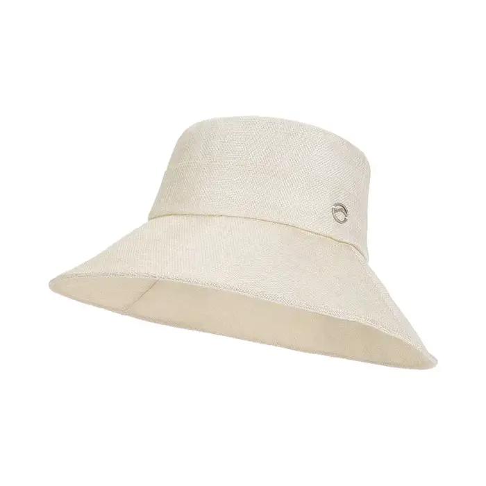 Chapeau de pêcheur simple en lin à large bord avec étiquette métallique pour un style rehaussé, tiss