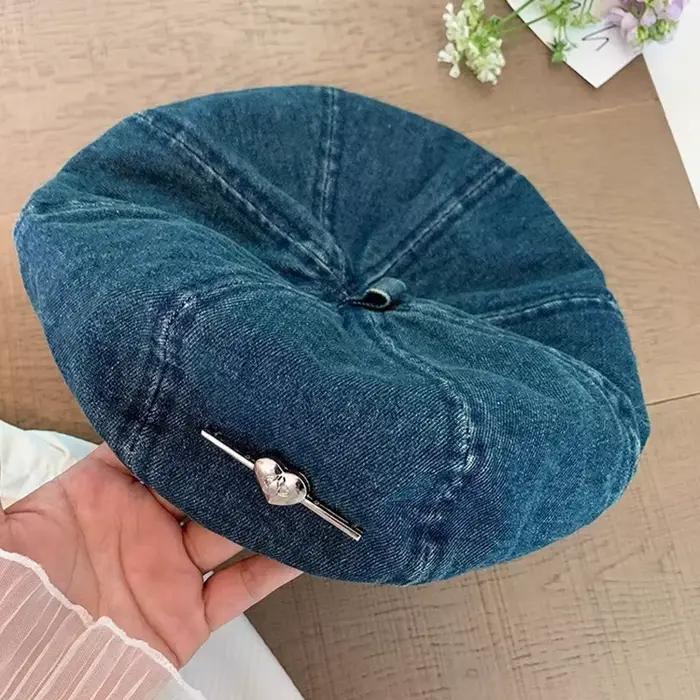Chapeau de béret octogonal en denim pour femmes, casquette rétro, jeans de loisirs pour dames, chape