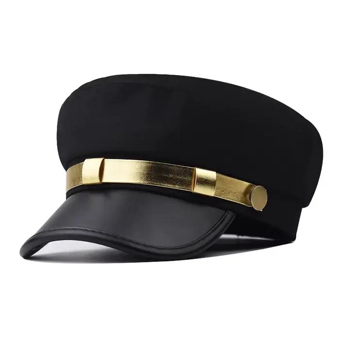 Chapeau haut-de-forme plat en cuir à bords dorés pour hommes et femmes, béret, chapeau octogonal res