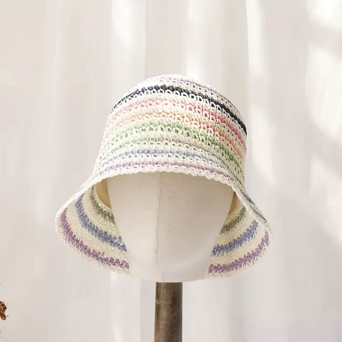 Chapeau de paille au crochet pour femmes, casquette de plage rayée arc-en-ciel, protection UV, pare-