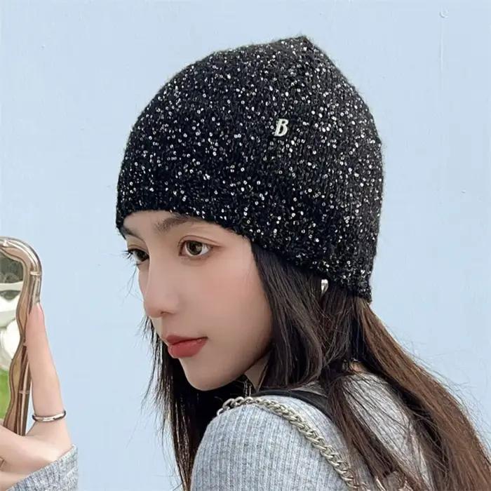 Doux nœud papillon bonnets chapeau noir bonnets paillettes tricoté chapeau laine chapeau chaud casqu