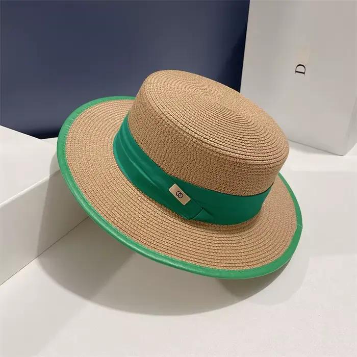 Chapeau de paille en cuir vert pour femme, haut plat, reliure, vacances d'été, plage, soleil, nouvea