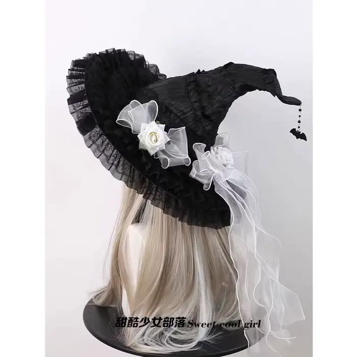 Chapeau gothique en dentelle de laine avec nœud fait à la main pour enfants, Harajuku, pour adultes,