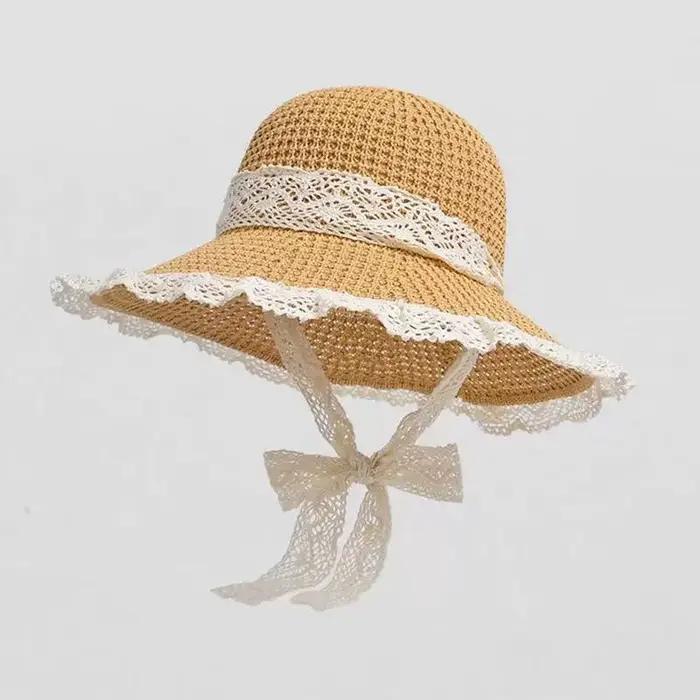 Chapeau de paille coréen pour femme, design floral avec nœud, grand bord, élégant, chapeau de soleil
