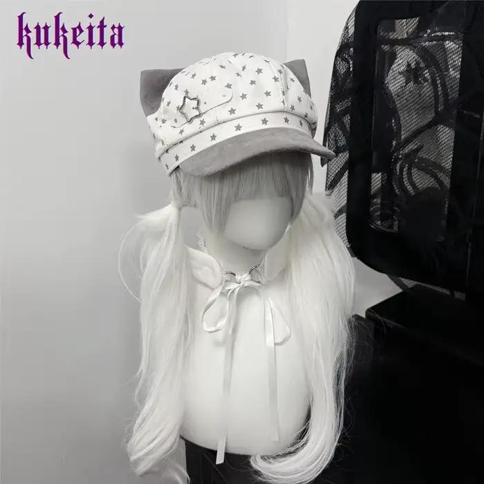 Kukrita Harajuku Y2K – Chapeau à oreilles de chat bleu et blanc, style japonais Kawaii, pour femmes 