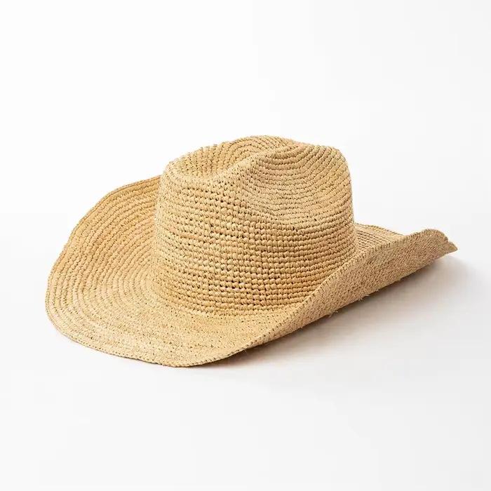 Chapeau de Cowboy en paille de raphia naturelle pour femmes et hommes, chapeau de soleil d'été à lar