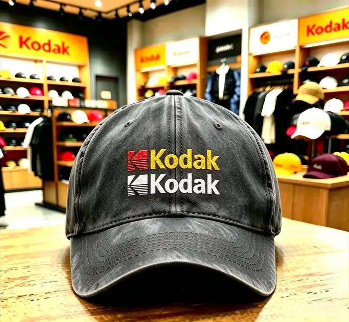 Casquette de baseball délavée avec logo Kodak 2026, style rétro streetwear, imprimé soleil, vêtement