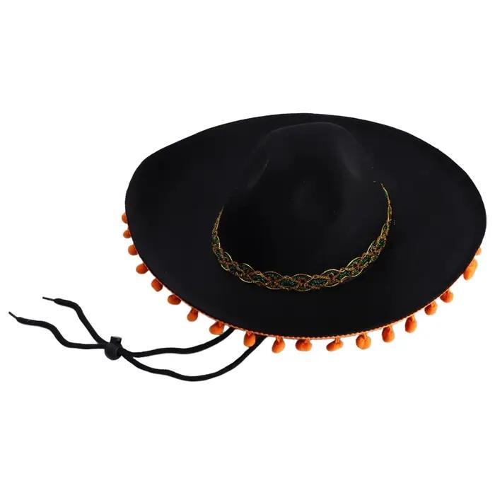 Chapeau mexicain en feutre à large bord, ceinture tissée métallique, embellissement avec cordon de s