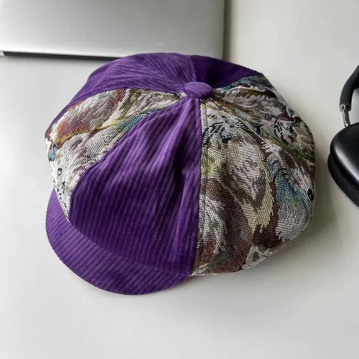 Casquettes pour femmes, béret rétro patchwork, chapeau octogonal en jacquard et velours côtelé, à la
