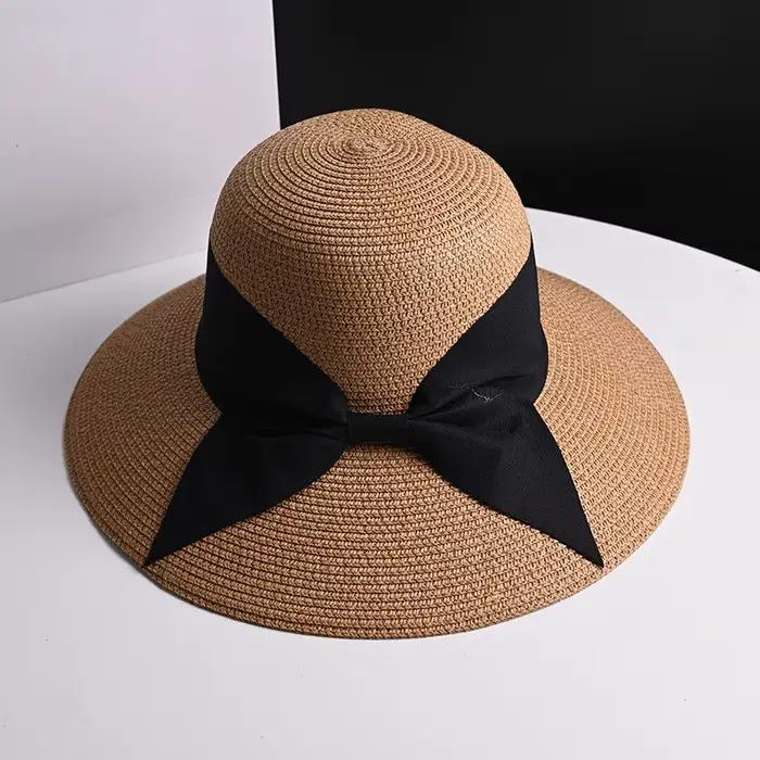 Chapeaux de paille à nœud de ruban noir pliable pour femmes et filles, casquette Panama d'été à larg