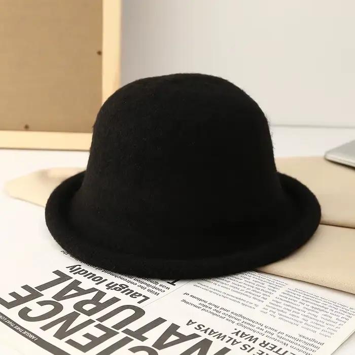 Chapeau en laine avec bord roulé pour femme, petit chapeau Fedora, casquette décontractée pour femme