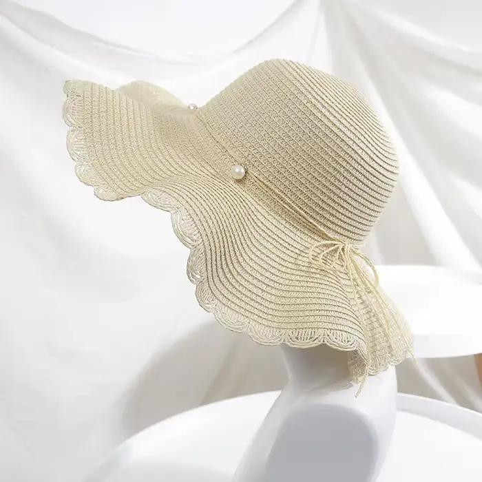 Chapeau de soleil de plage kaki pour femme avec détails en fausses perles et nœud, élégant chapeau d