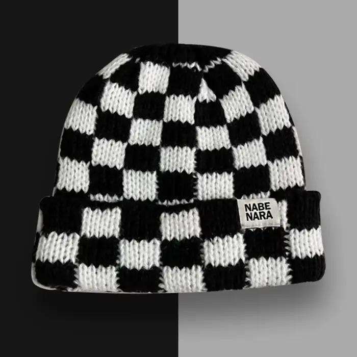Chapeau tricoté à carreaux en damier pour femmes, automne et hiver, chapeau en laine de Style coréen