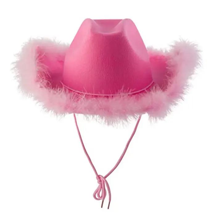 Chapeau de cowboy pour adulte, couleur unie, garniture en plumes moelleuses, chapeau de cowgirl en f