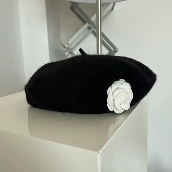 Chapeau d'hiver pour femmes, béret classique à fleurs noires, en laine française, décontracté, pour 