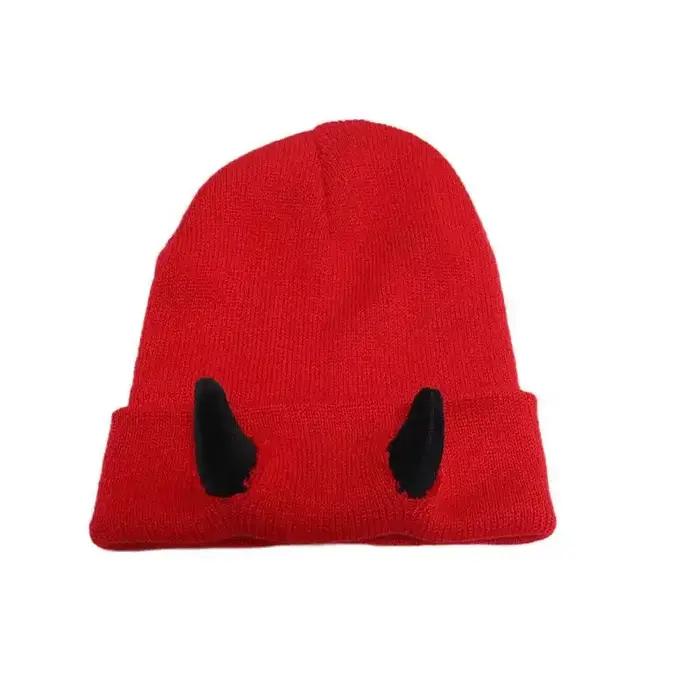 Bonnet tissé à la main pour adolescents et adultes, cornes maléfiques, bonnet doux, chapeau chaud, c