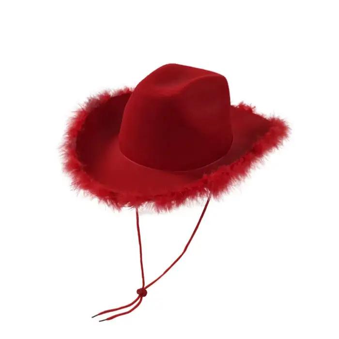 Chapeau de Cowboy en plumes, élégant, flou, à large bord, couleur unie, accessoires pour robe de soi