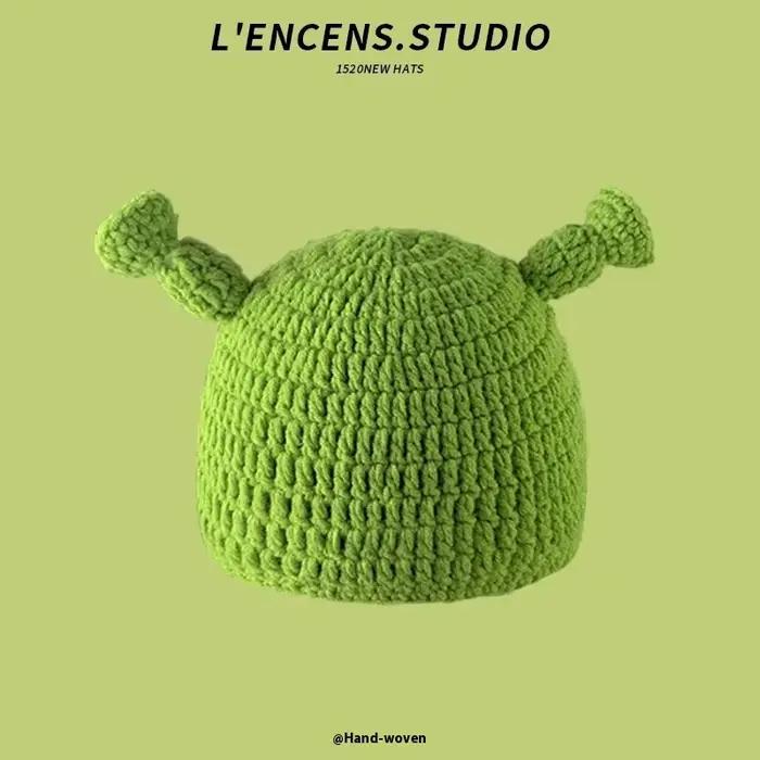 Mignon tricoté laine chapeau unisexe chaud Protection des oreilles dessin animé vert tout-Match casq