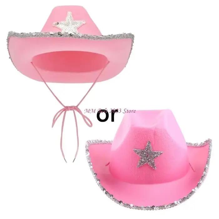 49ME Chapeau cowboy rose pour filles Chapeau cow-girl scintillant avec paillettes étoile éblouissant