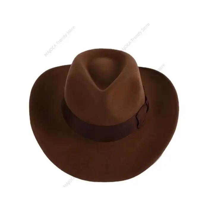 Fedora en feutre de laine marron pour hommes – Chapeau à large bord avec bande de ruban – Chapeaux e
