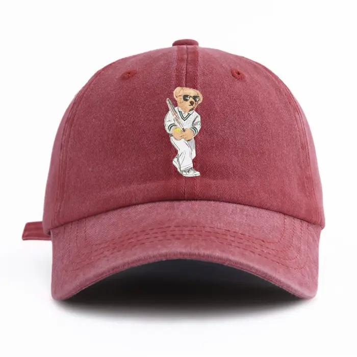 Casquette de baseball délavée à imprimé ours pour adultes, chapeau de papa réglable et doux, style r