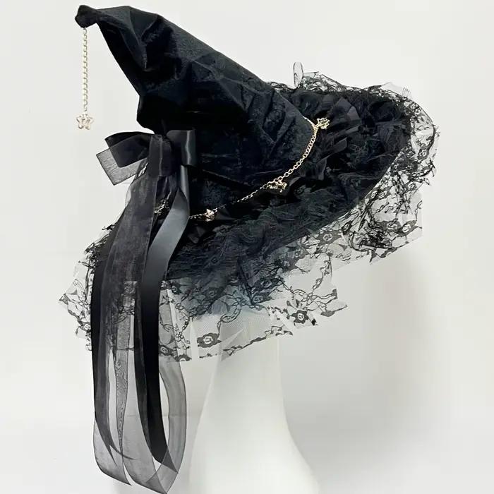 Chapeau de sorcière/magicien gothique sombre Lolita à large bord pour cosplay d'Halloween, modèle ét