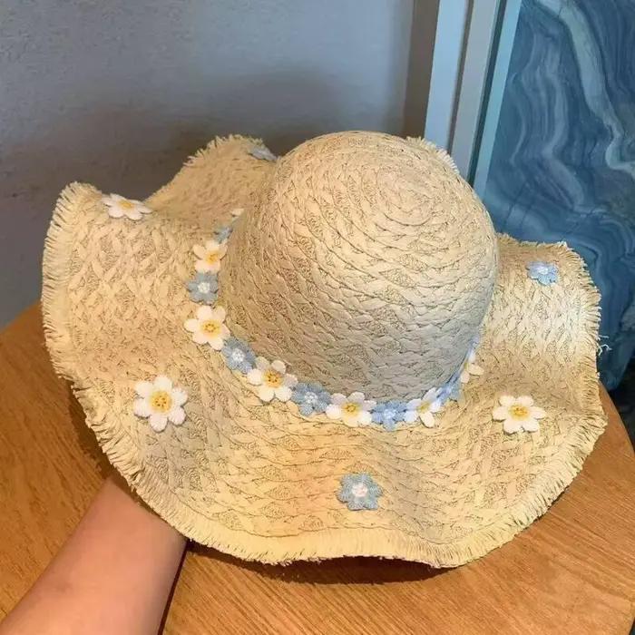 ▫ Nouveau chapeau de plage en dentelle/panama pour femme, chapeau de soleil d'été à bord roulé en ra