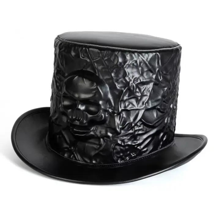 Chapeau haut-de-forme gothique Steampunk, crâne d'halloween en relief, chapeau pour homme, accessoir