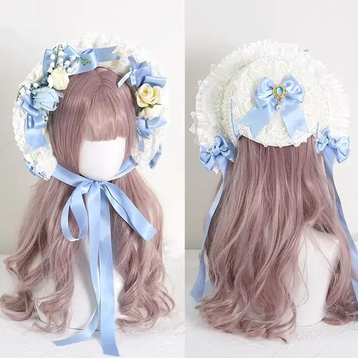 Chapeau de paille Vintage victorien en dentelle à fleurs, Bonnet Lolita pour fille, casquette à vola