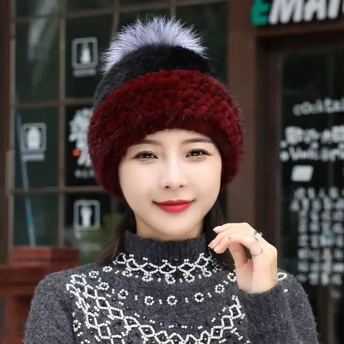 Chapeau en vraie fourrure de vison pour femmes, casquette de neige chaude tricotée en fourrure natur