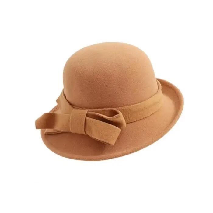 Chapeau seau Vintage en feutre de laine, chapeau Panama à dessus plat avec nœud, Cloche de Style Hep